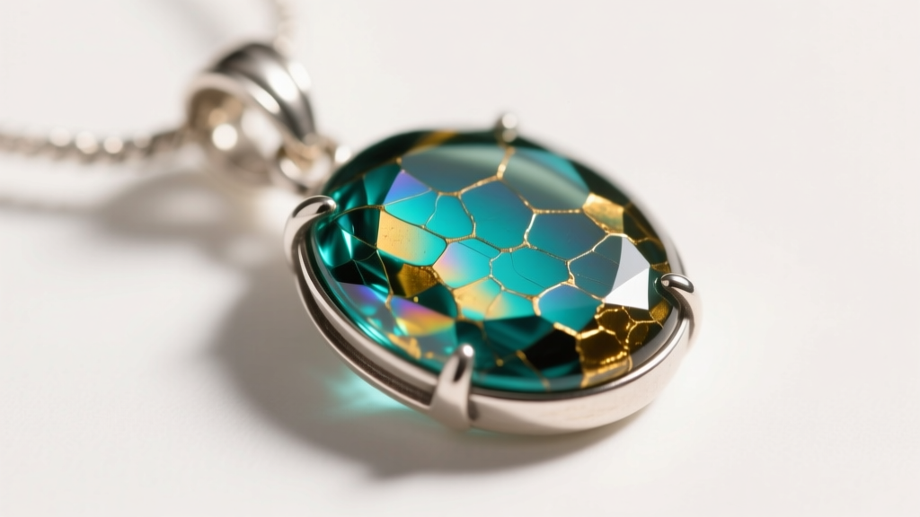 Macro shot of Roman glass pendant in sterling silver showing vibrant teal and gold iridescent patina under soft warm studio light