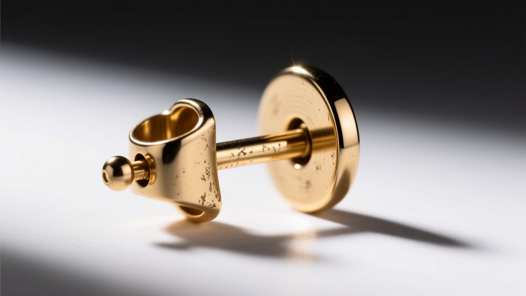 Close-up of an earring post and back, showing the joint connecting it to a brass base under bright and focused studio lighting.