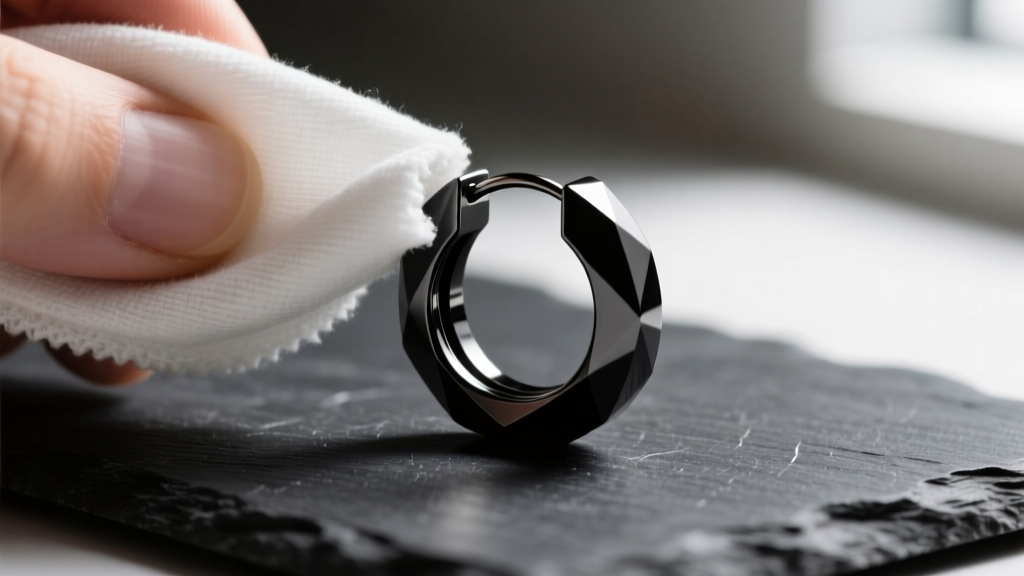 Macro shot of a matte black PVD titanium hoop earring being gently polished with a microfiber cloth on a dark slate surface.