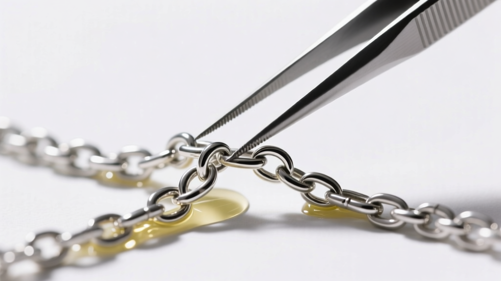 Close-up of fine-tipped titanium tweezers and mineral oil separating knotted silver chain tentacles on a jeweler's workbench