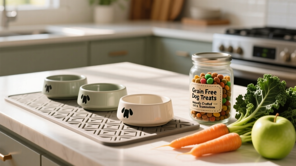 A bright kitchen counter showing elevated dog bowls on a rubber placemat, with a jar of grain-free dog treats and fresh produce nearby