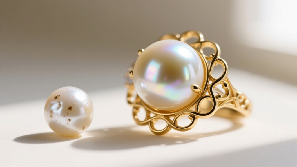 Macro shot comparing a blemished freshwater pearl next to a flawless, high-luster Hanadama Akoya pearl in a gold cluster setting