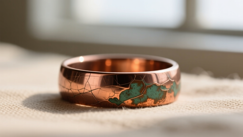 Macro photography of a copper ring's inner band showing early stages of dark oxidation and verdigris patina against skin texture.