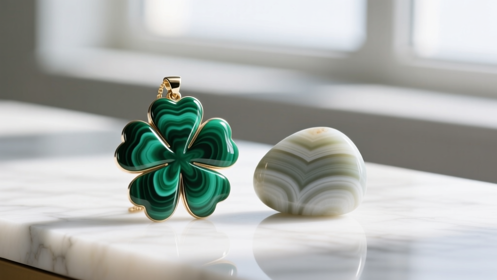 Natural malachite clover pendant beside a dyed howlite fake, highlighting distinct differences in stone banding and surface luster