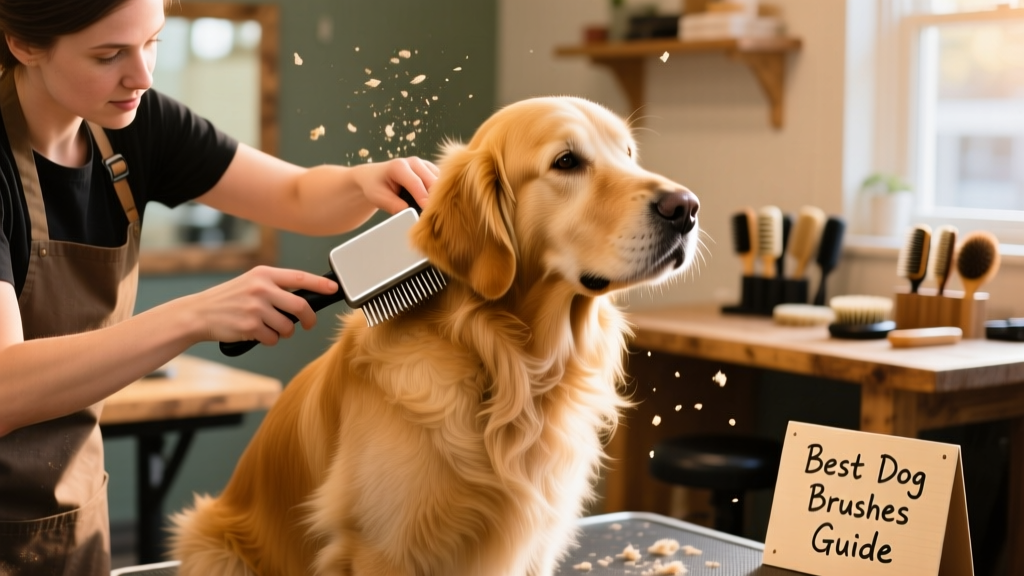 A professional groomer gently brushing a golden retriever with a slicker brush