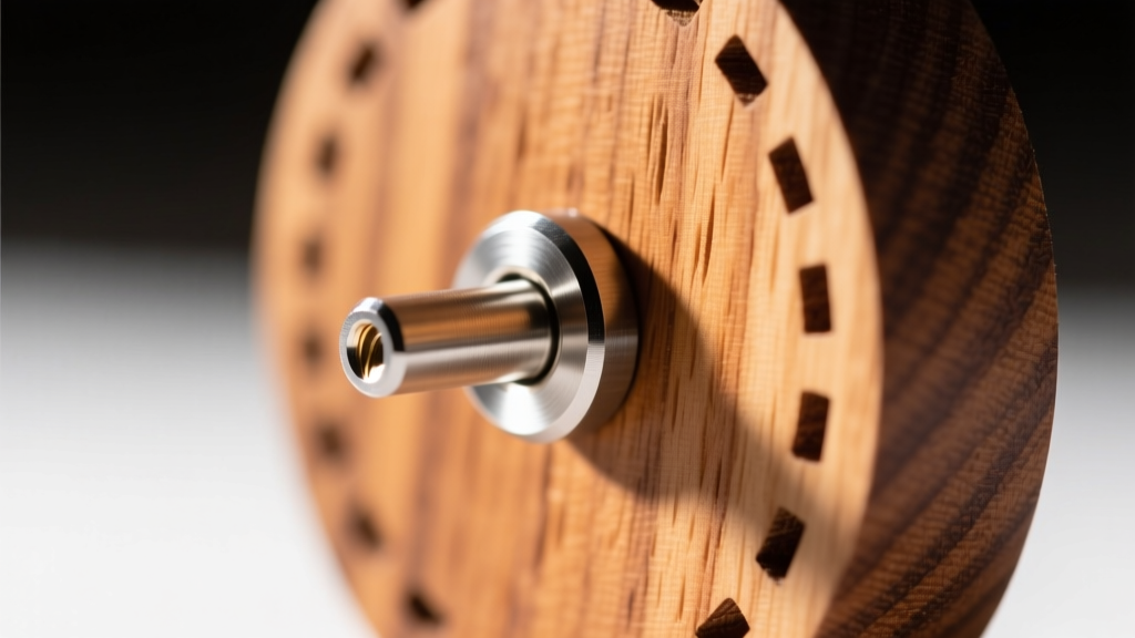 Macro shot of a 20-gauge niobium post securely glued into the back of a laser cut maple wood stud with a clear matte finish