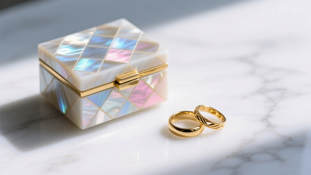 Sleek Korean mother of pearl jewelry box with geometric patterns resting beside gold rings on a white marble surface in daylight