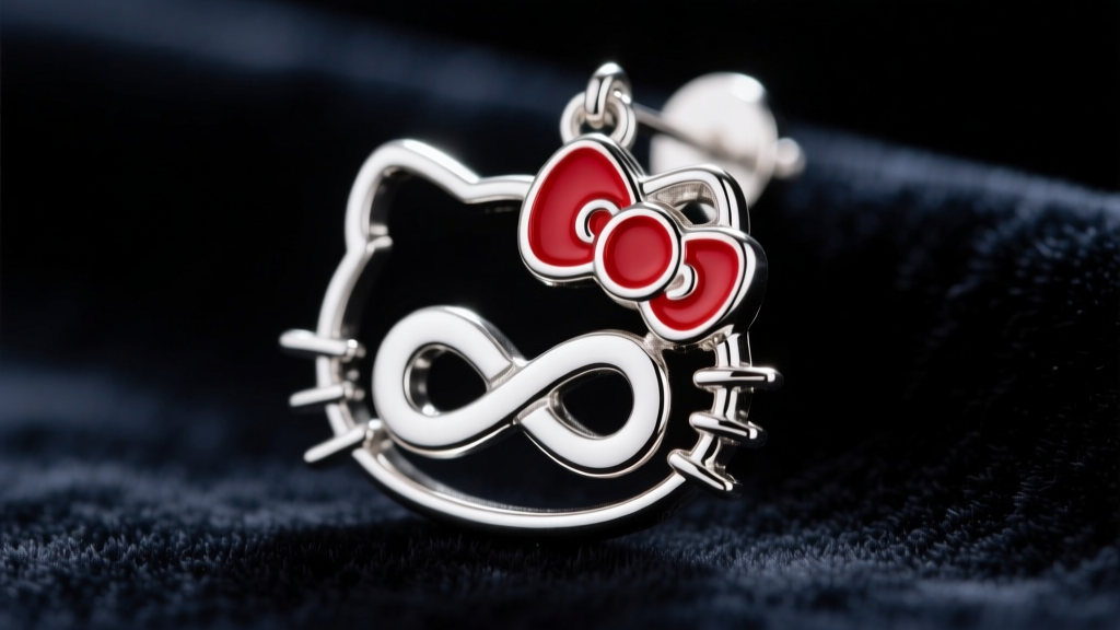 Close-up of silver Jujutsu Kaisen x Hello Kitty earring featuring Gojo Satoru infinity motif and red enamel bow on dark velvet