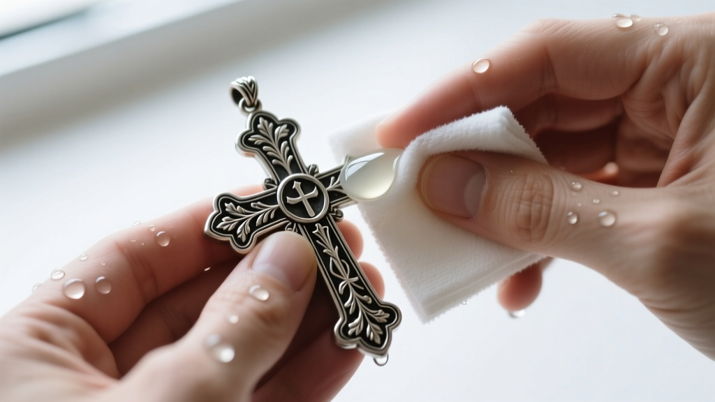 Hands using a soft microfiber cloth and mild soap solution to gently clean the crevices of an ornate gothic cross pendant