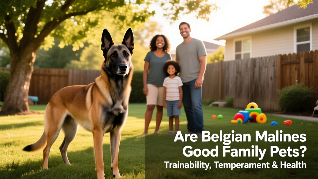 A confident, alert Belgian Malinois standing beside a smiling family in a sunlit backyard