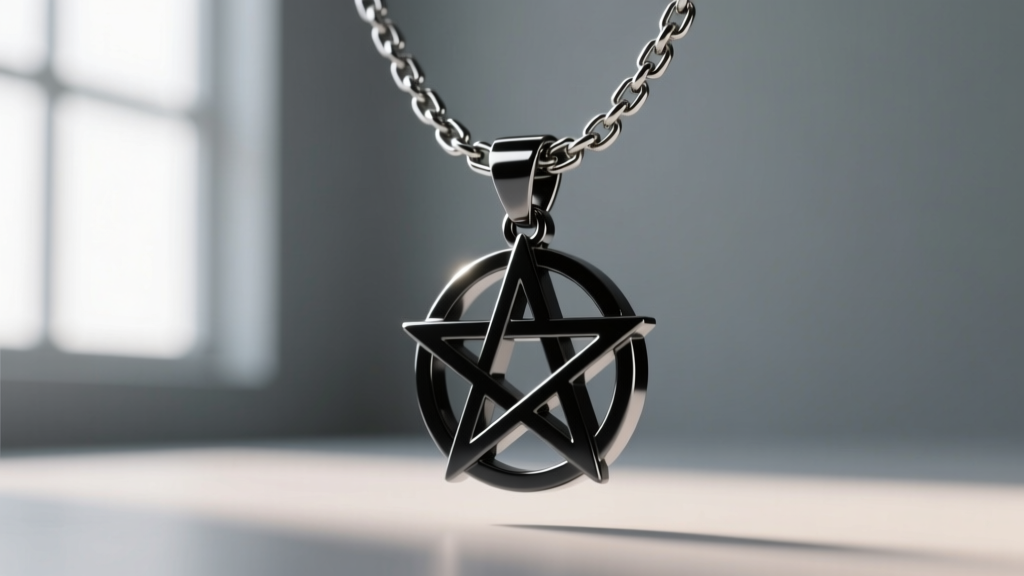 Macro photography of a 1.5mm stainless steel box chain threading through the bail of a matte black titanium pentagram pendant.