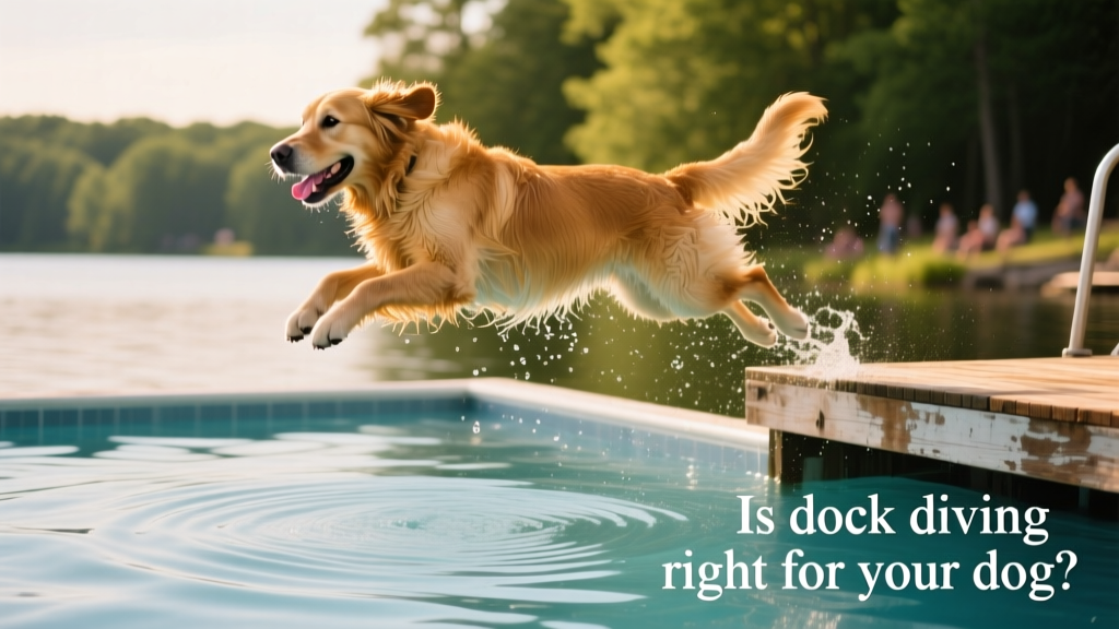 A golden retriever mid-air during a dock diving jump into a large pool