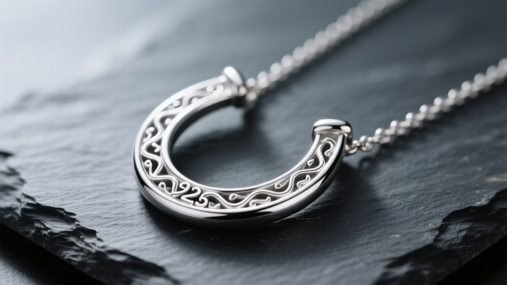 Close-up of a polished 925 sterling silver horseshoe necklace on dark slate, soft lighting highlighting detailed metal engraving.
