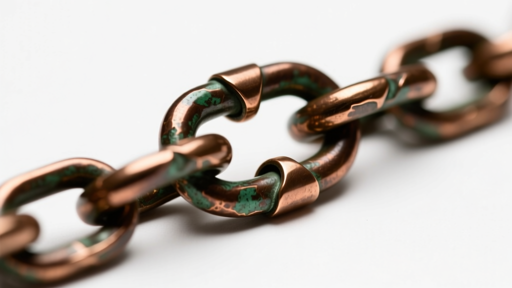 Macro shot of an 18-gauge bronze rolo chain link with a lobster clasp, showcasing intricate metalwork and a rich oxidized patina