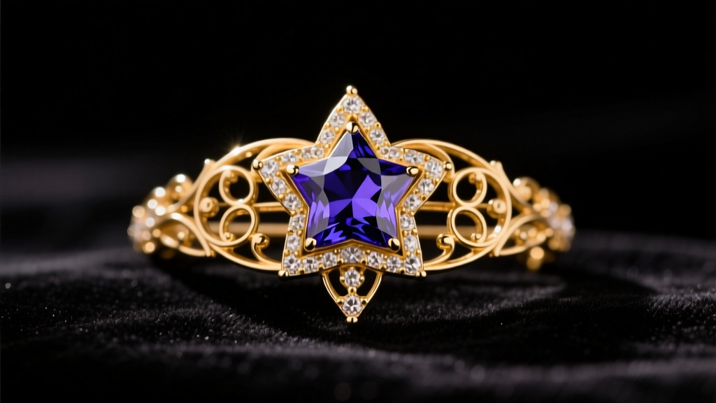 A vintage 14k gold R H Macy and Co fine jewelry brooch with star sapphire resting on dark velvet under soft warm studio lighting.