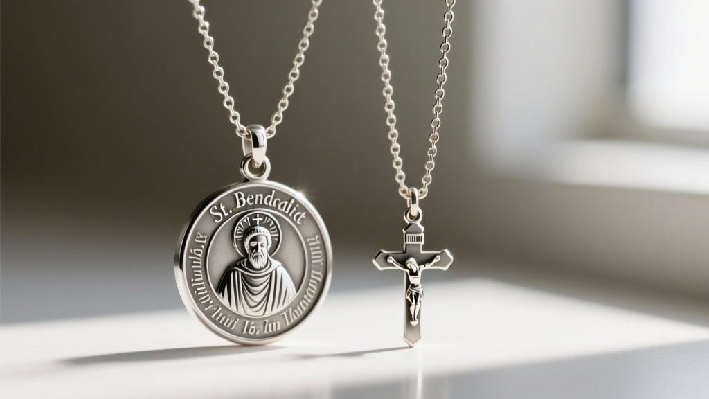 Macro shot of a 15mm sterling silver St. Benedict medal and a tiny 10mm crucifix pendant attached to a 1.2mm rolo chain link.