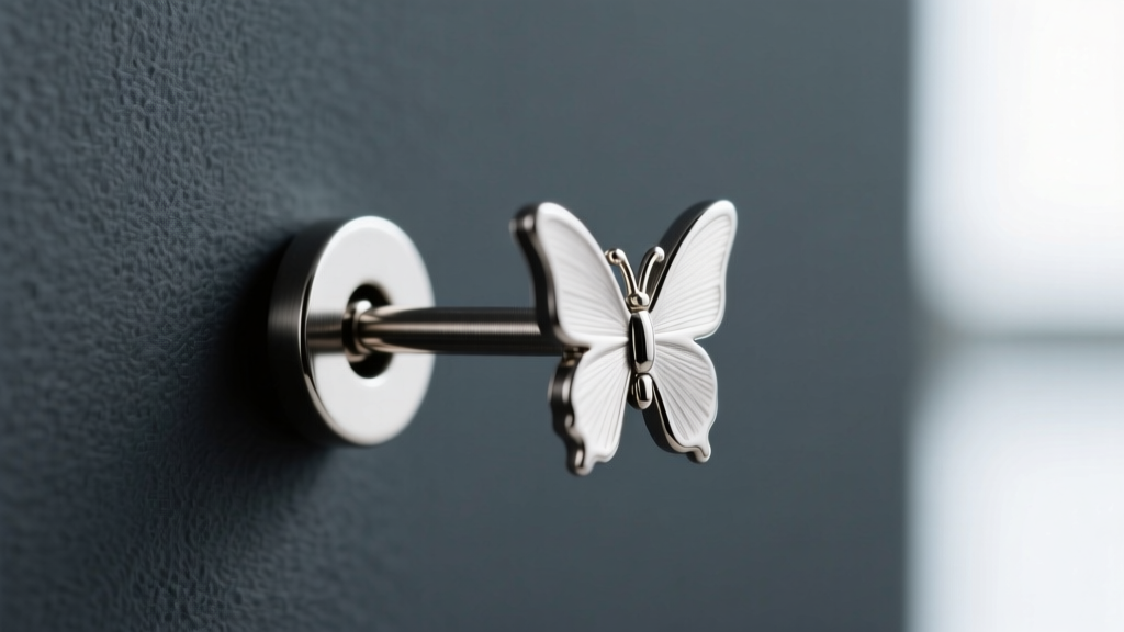 Macro shot of a titanium earring post with a butterfly clutch on dark slate, highlighting the secure metal friction mechanism.