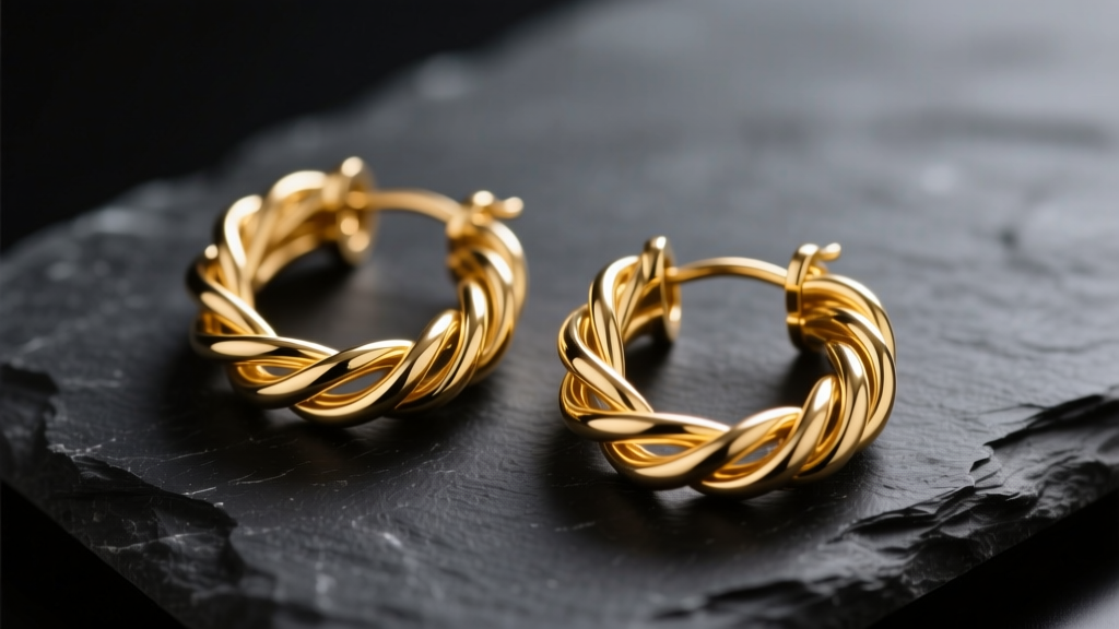 Macro view of 14k gold twisted rope hoop earrings on dark slate, highlighting the helix wire texture and soft studio lighting.