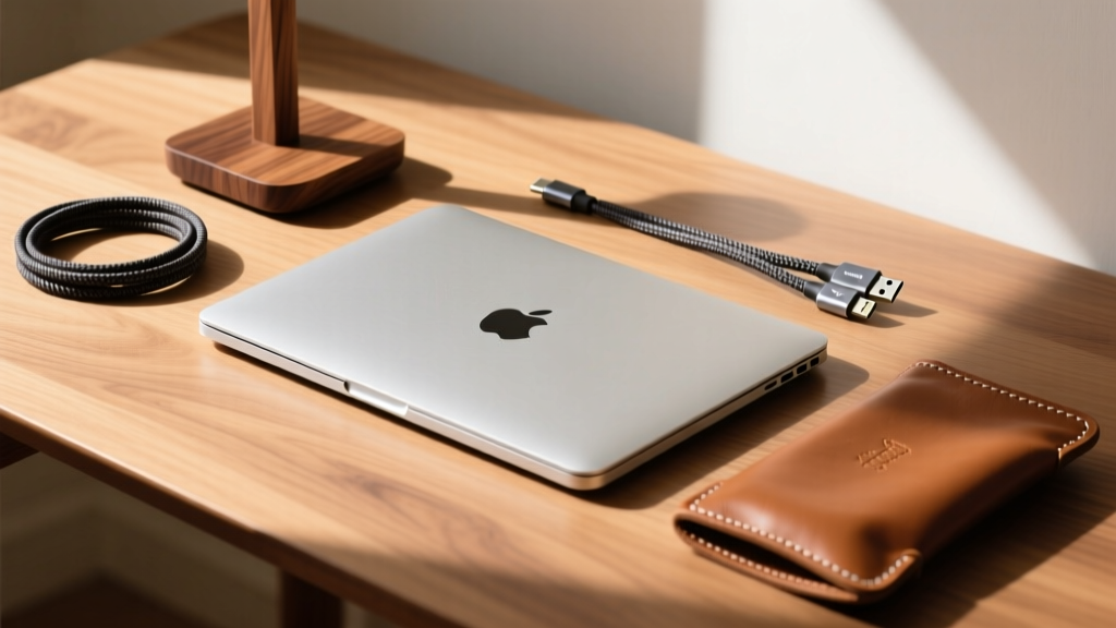 Flat lay of a MacBook Pro surrounded by a walnut laptop stand, braided Thunderbolt cable, and leather sleeve on an oak desk