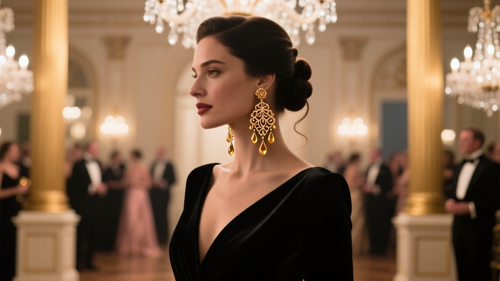 Elegant woman in a black evening gown wearing cascading rose gold farandole earrings, captured in soft cinematic gala lighting.