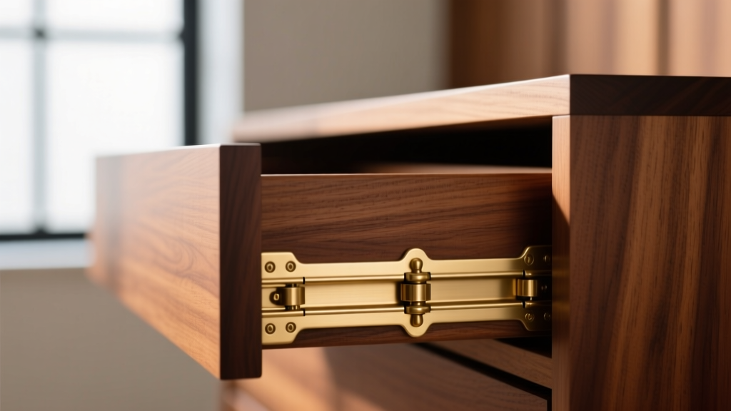 Close-up of brass dovetail joints and soft-close metal slides on a cherry wood jewelry drawer, highlighting premium craftsmanship