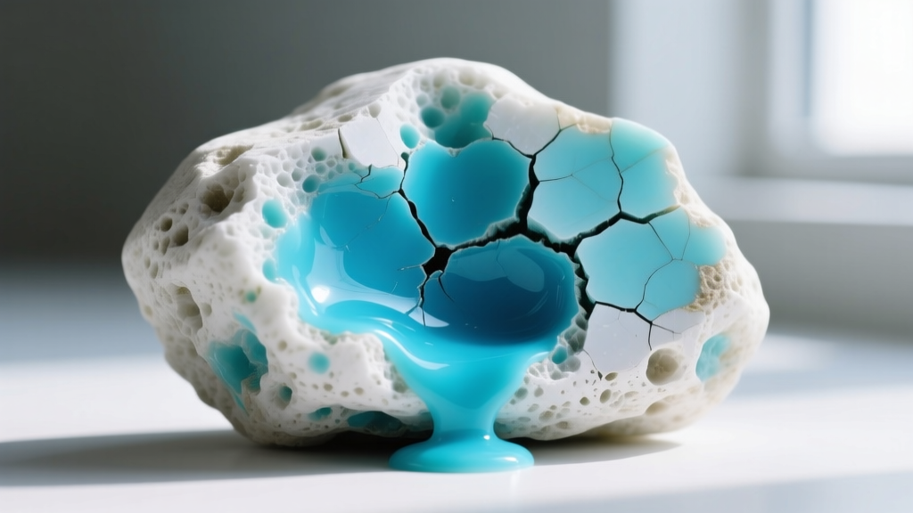 Macro photo of dyed howlite fake turquoise, showing artificial blue dye pooling unnaturally inside white surface cracks.