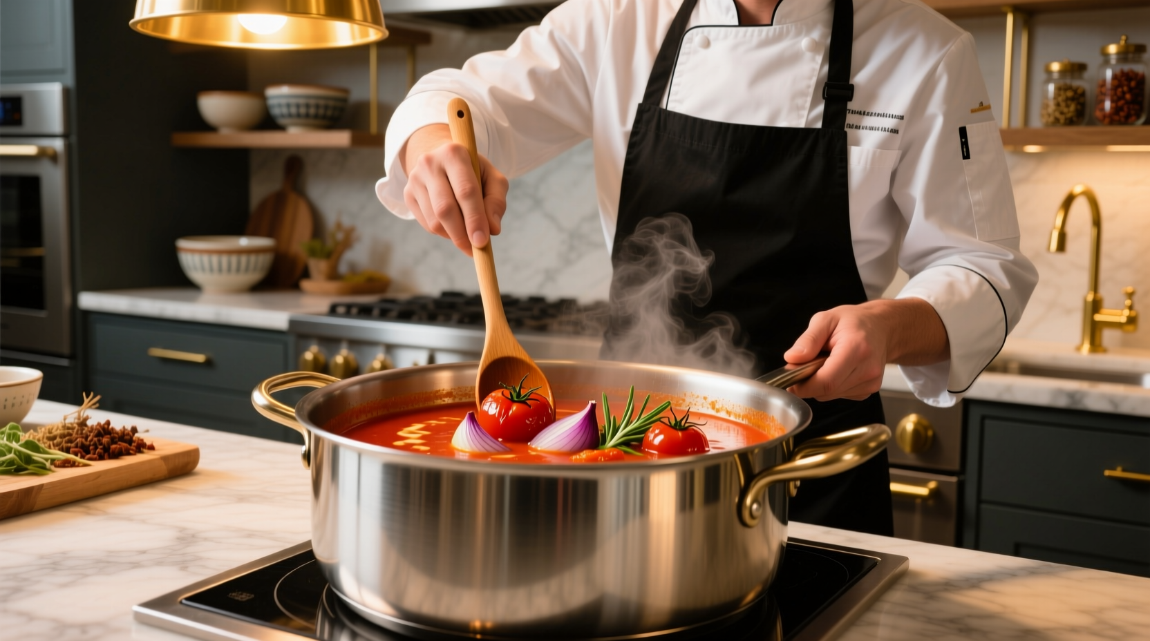 Chef preparing roasted tomato soup in stainless steel pot