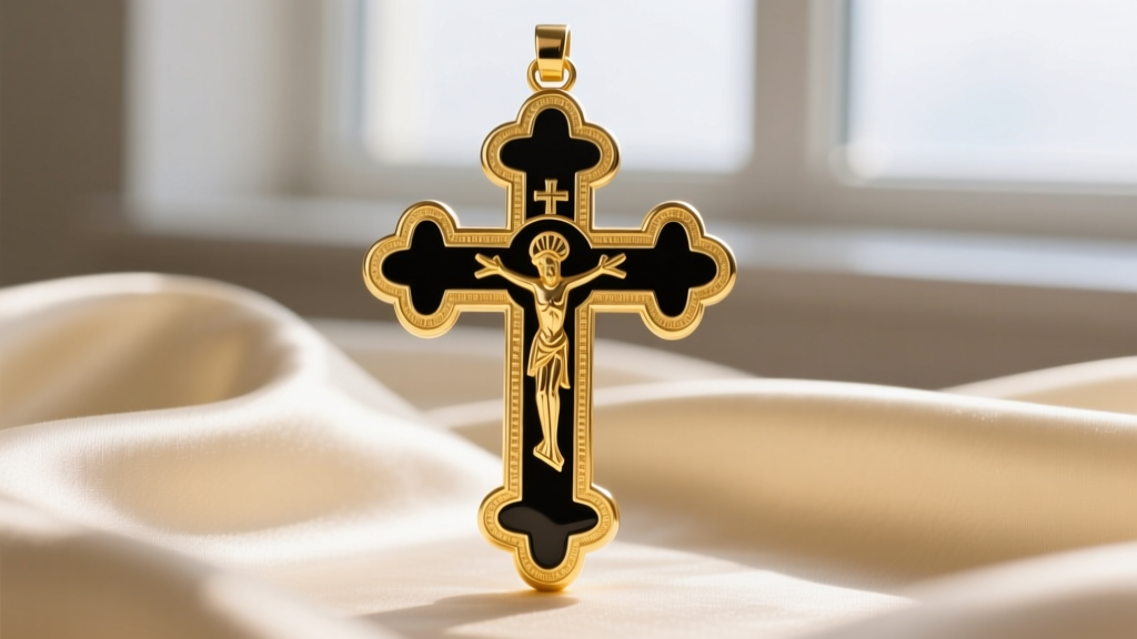 14k yellow gold Eastern Orthodox cross with black enamel inlay, photographed at a macro angle against a soft cream silk backdrop.