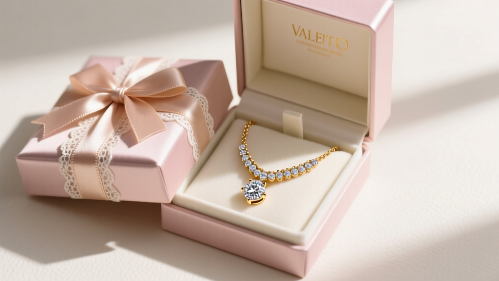 Elegant flat lay of a Valentine gift box revealing a two-tone 18k gold and platinum micro-pave diamond pendant necklace