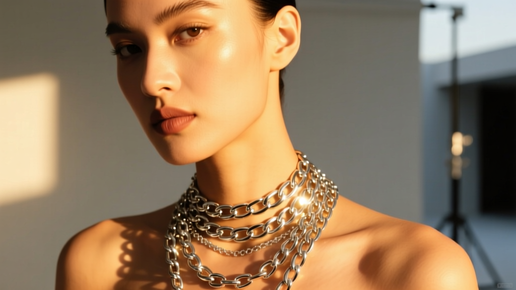 Model wearing layered silver plated chain necklaces, lit by warm golden hour sunlight, high fashion editorial portrait, close up.