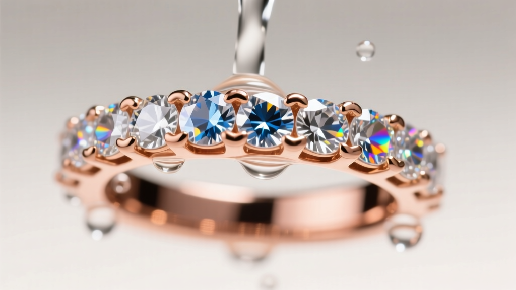 Rose gold moissanite pavé band submerged in ultrasonic cleaning fluid, macro view highlighting tiny metal prongs and faceted stones.