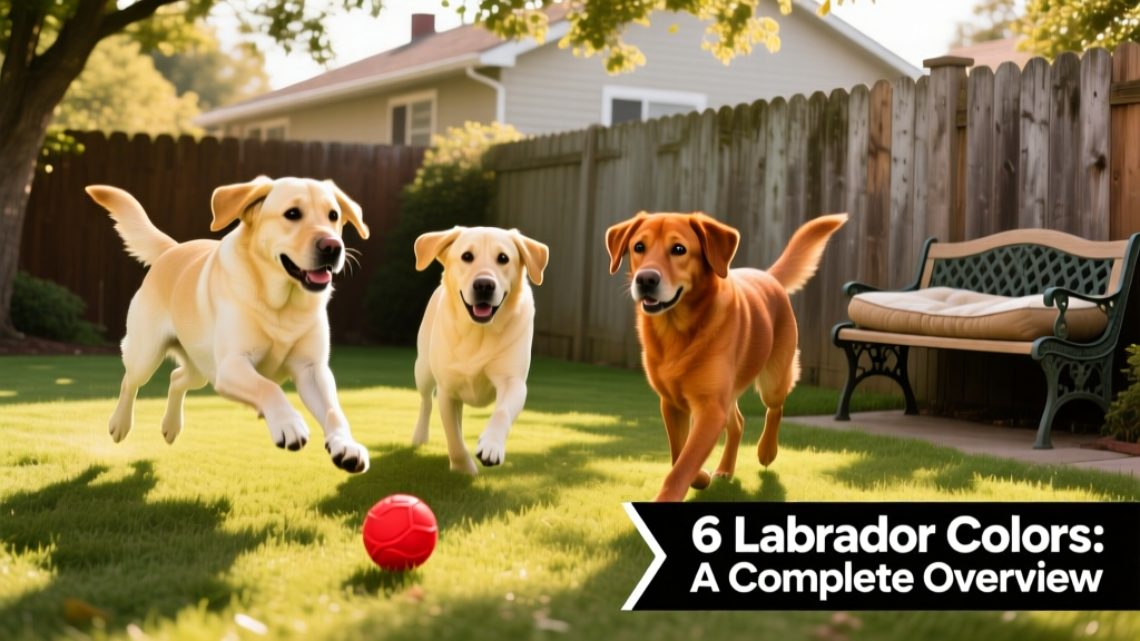 Three Yellow Labrador Retrievers of varying shades—cream, gold, and fox-red—playing together in a sunlit backyard