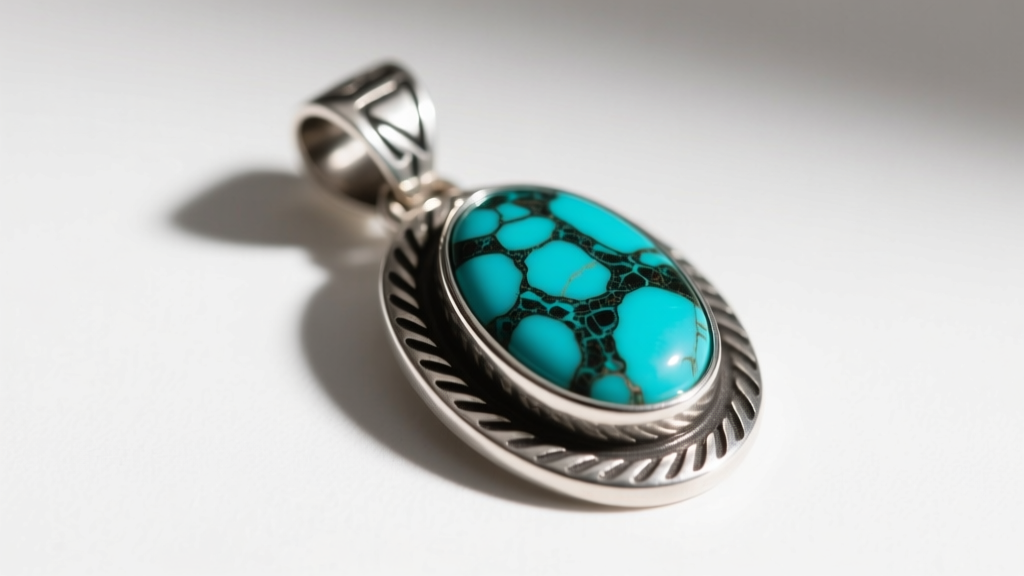 Hand-stamped silver pendant with a bezel-set turquoise cabochon showing dark matrix, illuminated by warm directional studio light.