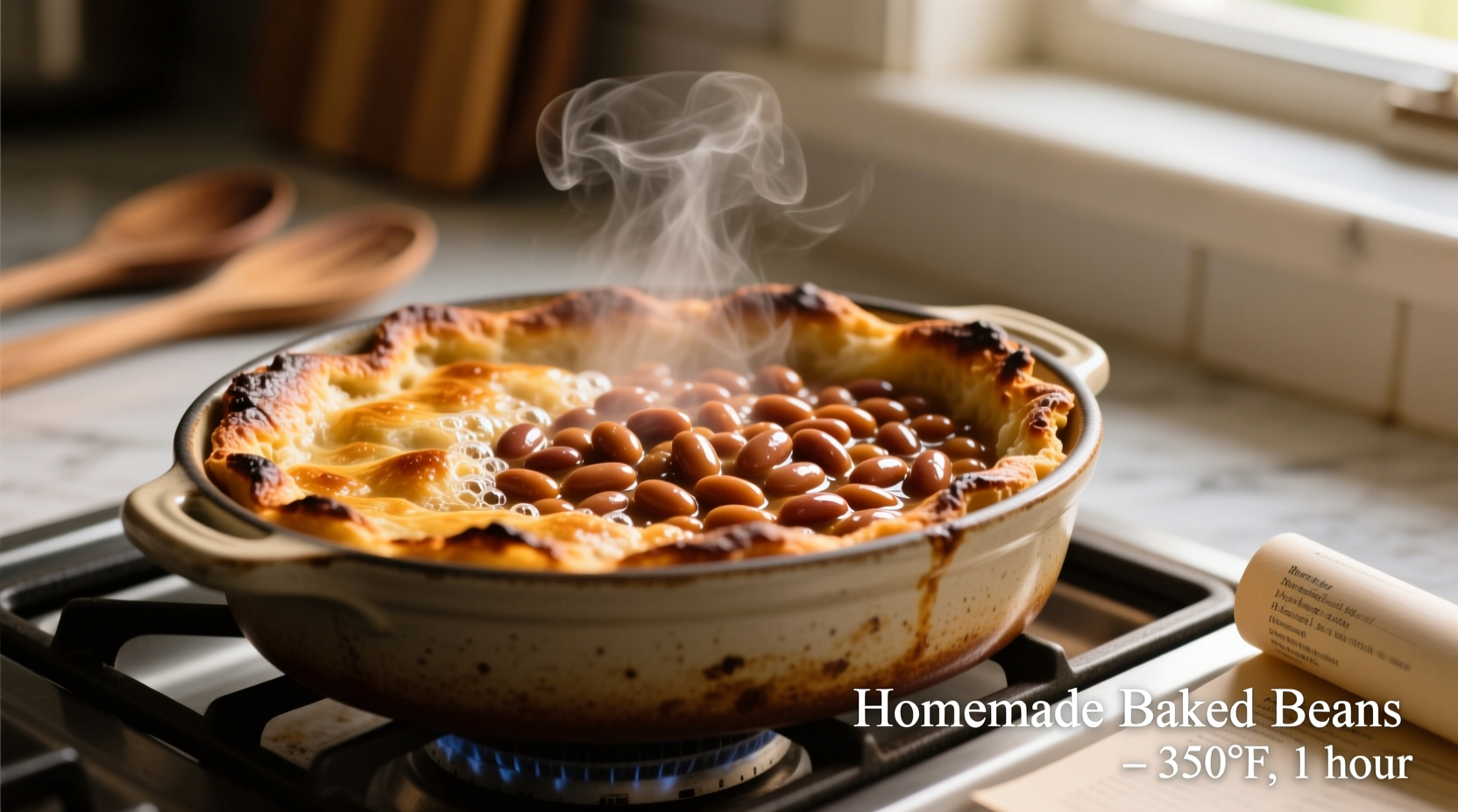 Baked beans bubbling in oven-safe dish