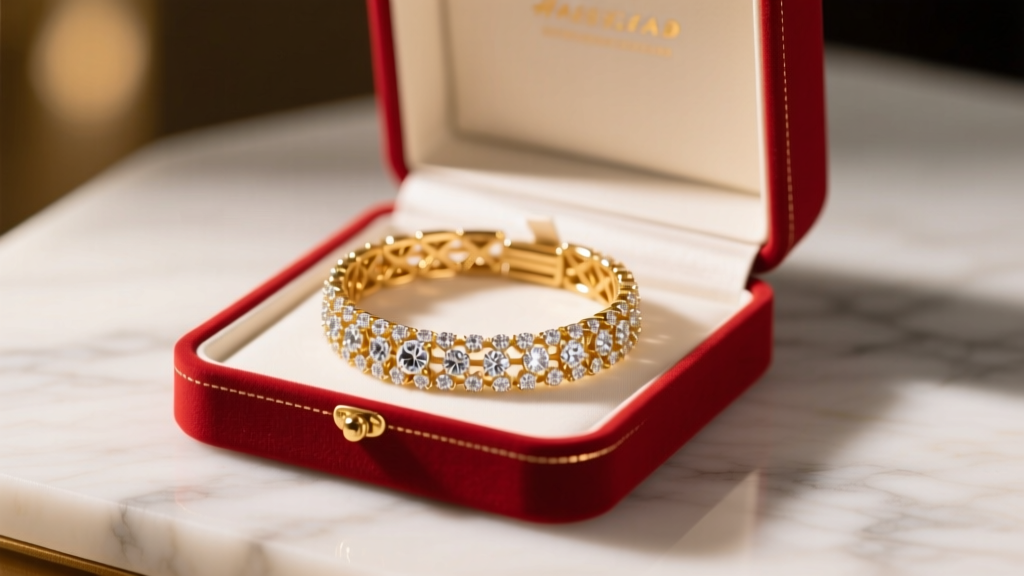 Open red jewelry box revealing a diamond-encrusted gold bracelet on white marble, soft studio lighting, luxury gift concept