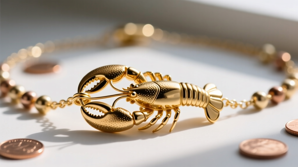 Macro photography of a 14k gold lobster claw attached to a coin bead necklace via a secure wire guard and polished crimp cover