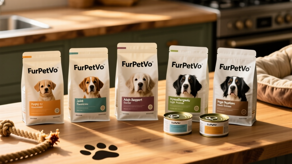 Side-by-side comparison of seven FurPetVo dog food bags and cans, labeled clearly for different life stages and dietary needs