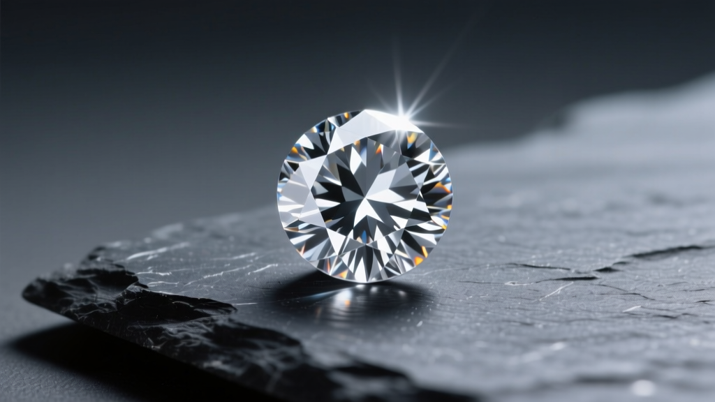 Loose 4-carat round brilliant diamond on dark slate showing sharp white light return and crisp contrast under directional lighting