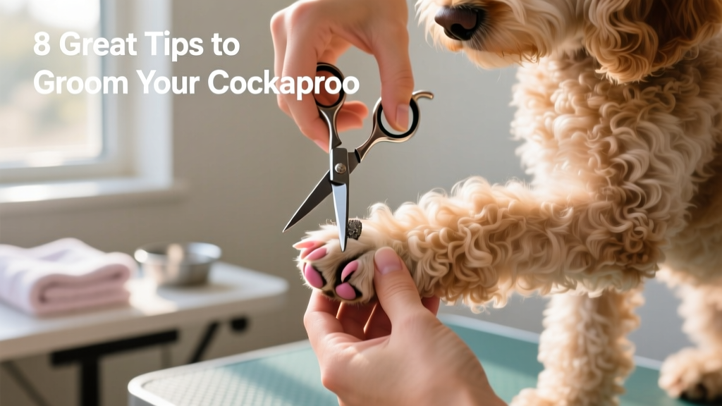 Close-up of hands trimming a Cockapoo's paw pads and nails with blunt-tipped grooming scissors and a nail grinder