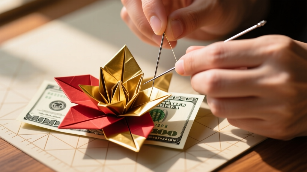 Hands threading a needle through a folded dollar bill origami flower to assemble a graduation money lei on a craft mat.