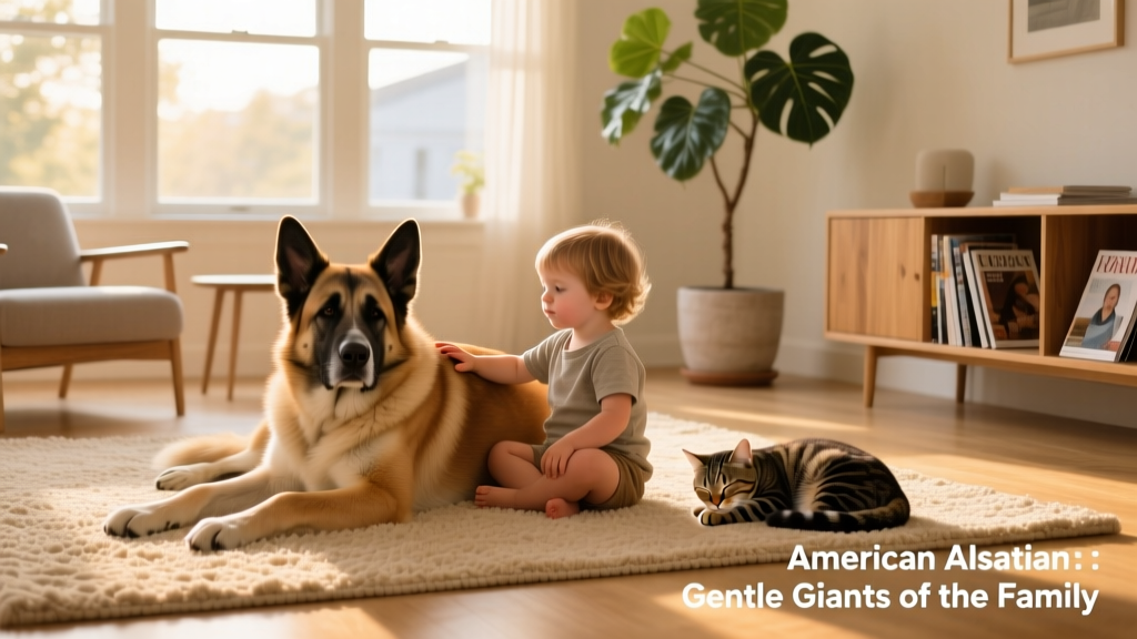 An American Alsatian lying peacefully beside a toddler and a sleeping cat on a living room rug, illustrating harmony and trust