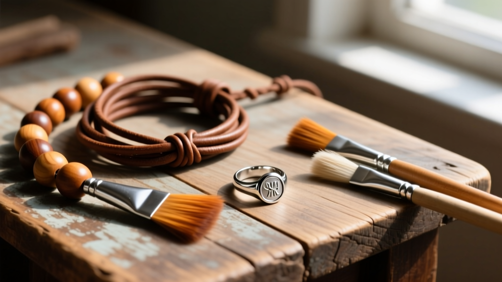 Flat lay of 2mm brown leather cord, wooden beads, paintbrushes, and a silver signet ring resting on a rustic wooden desk