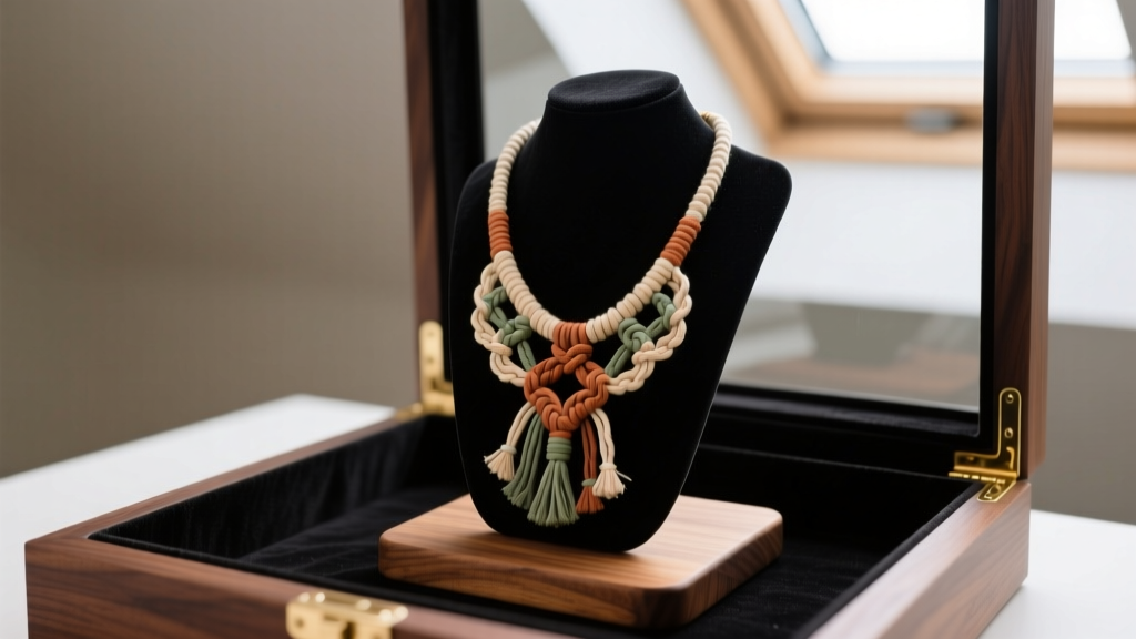 Woven macrame boho necklace for women hanging on a velvet-lined wooden stand inside a dark, climate-controlled cedar storage box