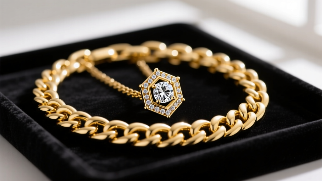 Close-up of a heavy 18k yellow gold Cuban link chain with a diamond-encrusted custom pendant resting on a dark velvet display tray.