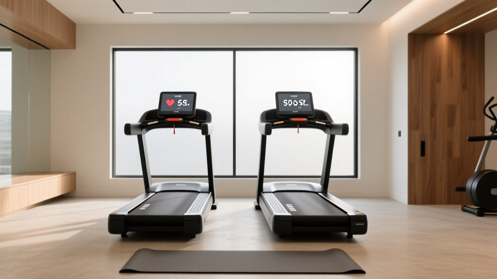 Modern home gym featuring two commercial-grade treadmills placed in a side by side configuration with synced digital displays