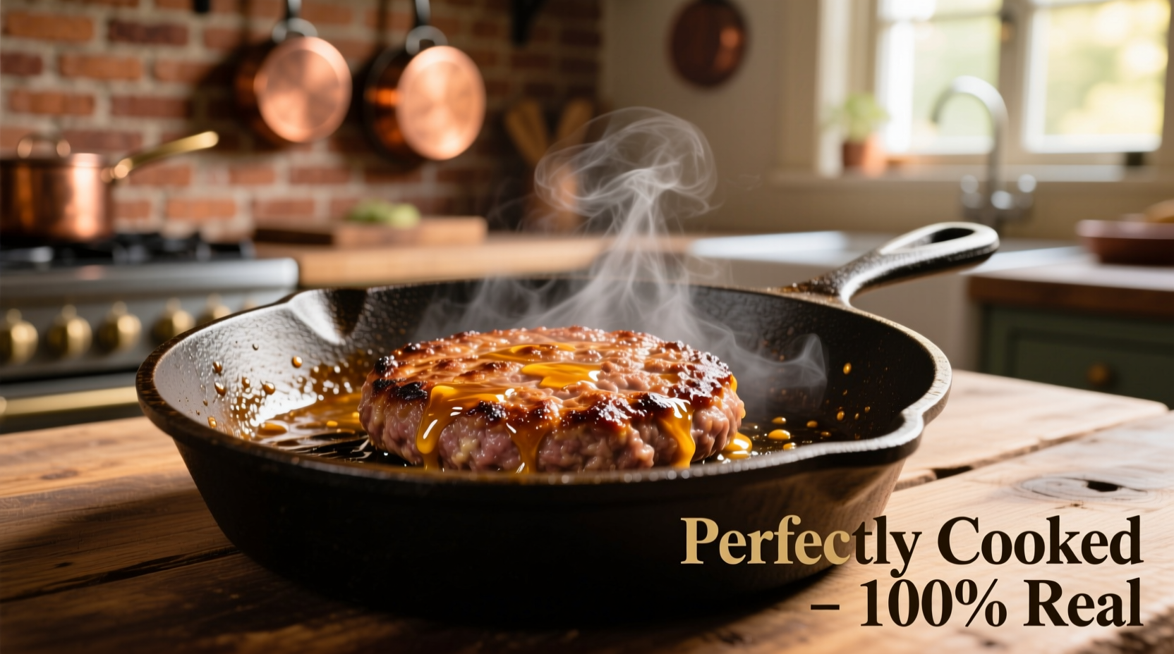 Perfectly cooked frozen hamburger patties on cast iron skillet