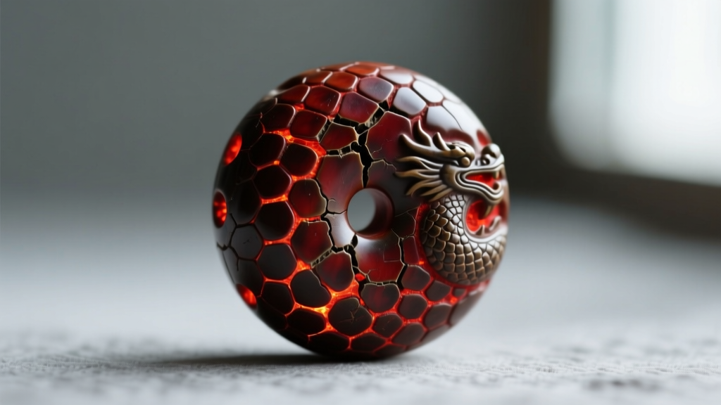 Macro photo of an ancient dzi bead surface showing distinct dragon skin weathering marks and deep reddish cinnabar inclusions