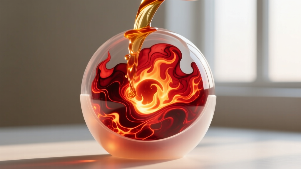 Pouring amber epoxy resin into a spherical silicone mold with red alcohol ink swirling inside to create a glowing fireball core.