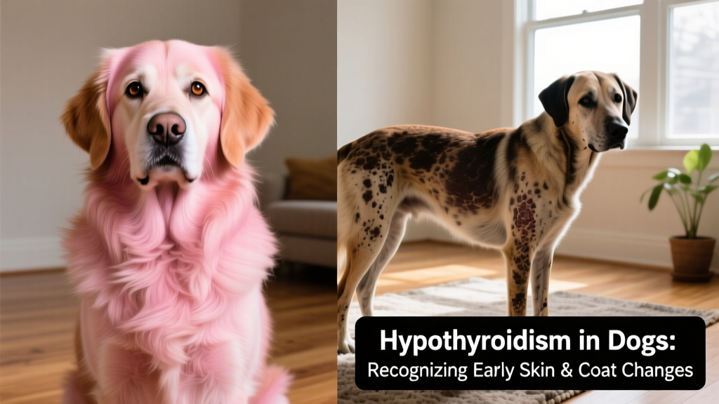 Side-by-side comparison showing healthy dog skin and coat versus dull, thinning fur and darkened, thickened skin typical of hypothyroidism