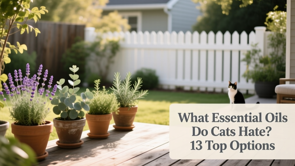 A serene backyard garden with potted plants and a small fence, illustrating a cat-free outdoor space